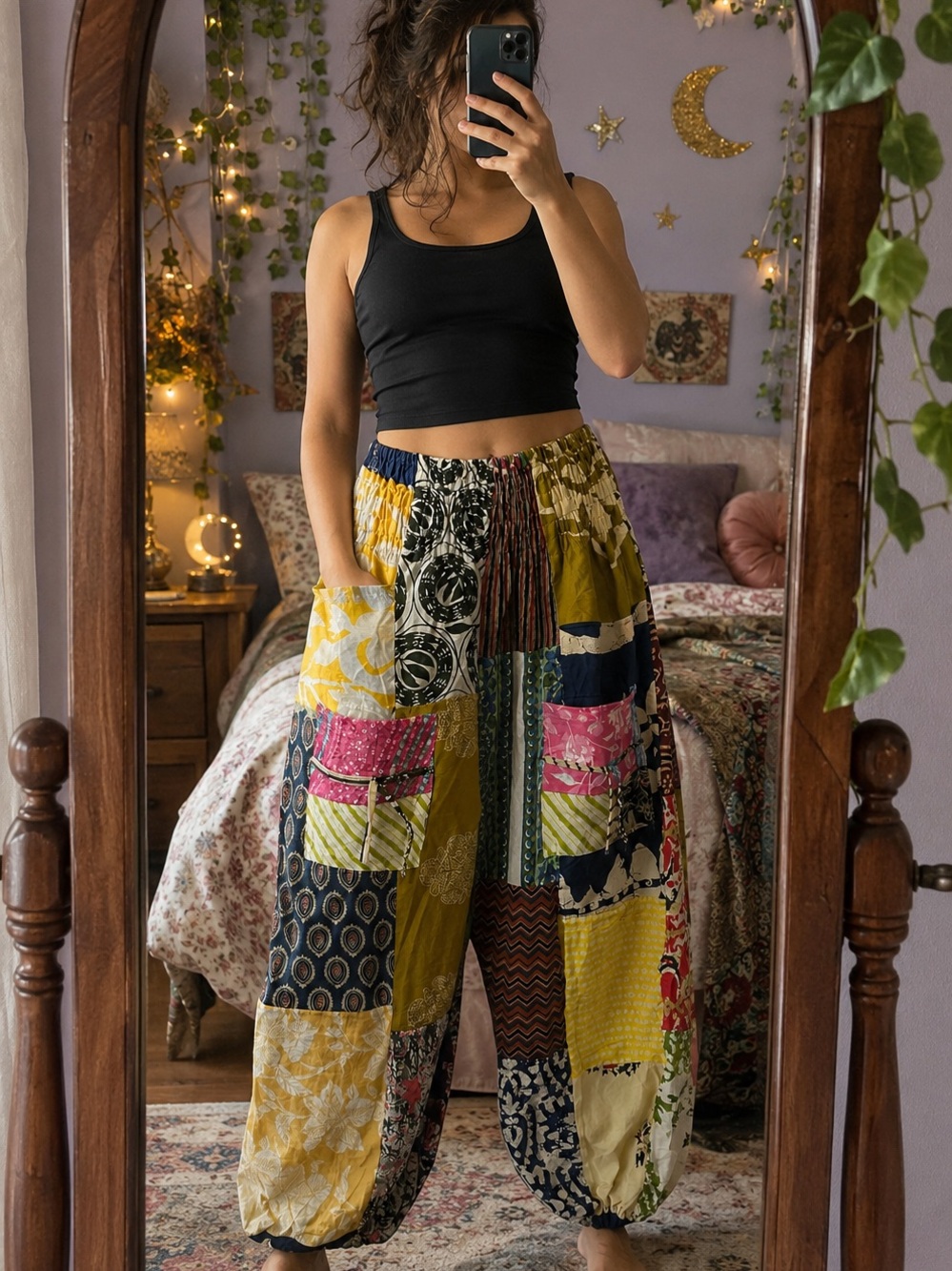 Boho Patchwork Wide-Leg Pants - Black/Multicolor